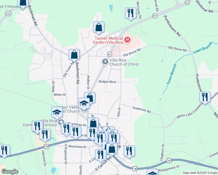map of restaurants, bars, coffee shops, grocery stores, and more near 38 Cross Creek Court in Villa Rica