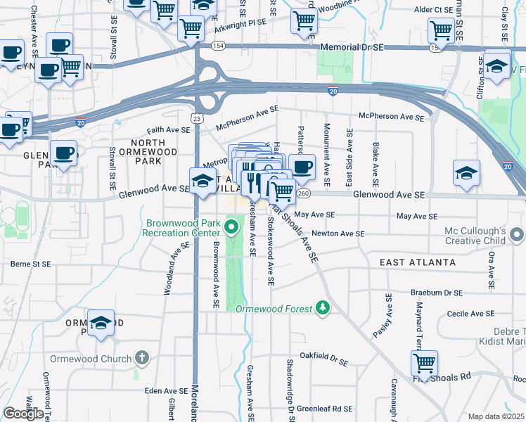 map of restaurants, bars, coffee shops, grocery stores, and more near 1265 Wright Lane Southeast in Atlanta