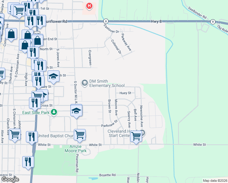 map of restaurants, bars, coffee shops, grocery stores, and more near 900-904 Moore Avenue in Cleveland