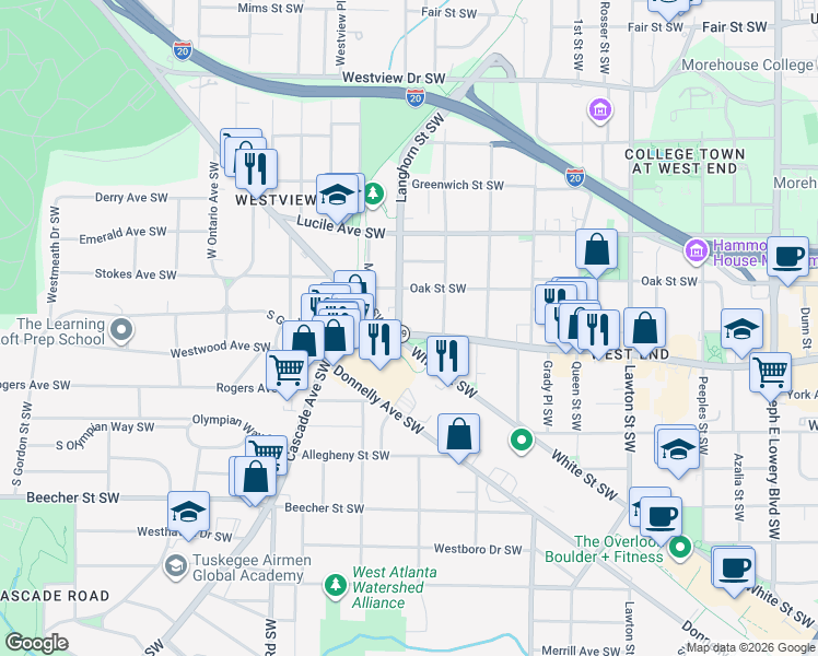 map of restaurants, bars, coffee shops, grocery stores, and more near 1355 Ralph David Abernathy Boulevard in Atlanta
