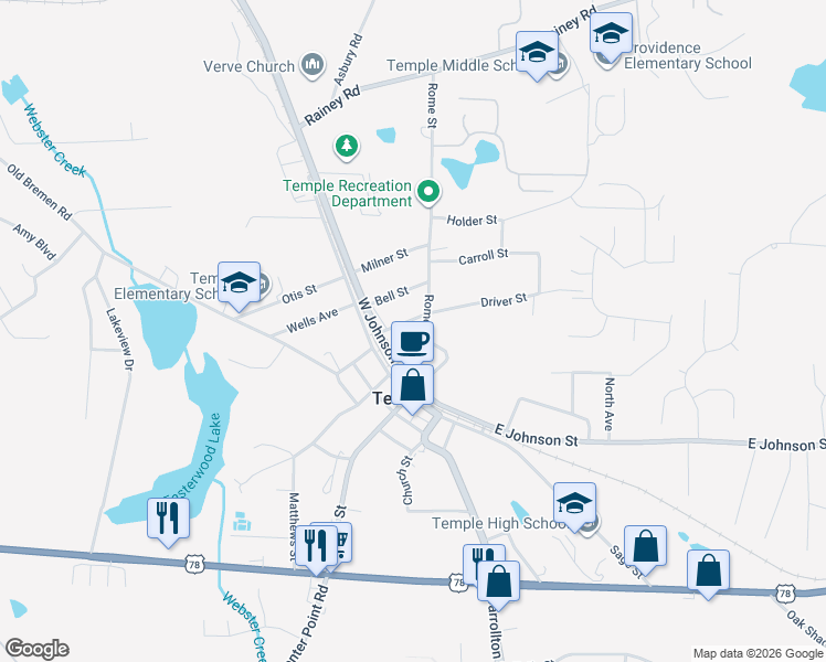 map of restaurants, bars, coffee shops, grocery stores, and more near 65 West Johnson Street in Temple