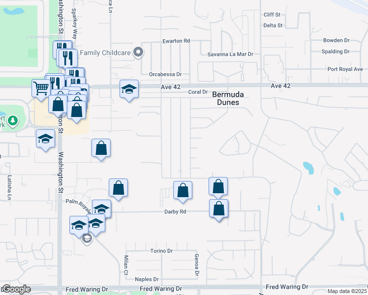 map of restaurants, bars, coffee shops, grocery stores, and more near 42590 Sandy Bay Road in Bermuda Dunes