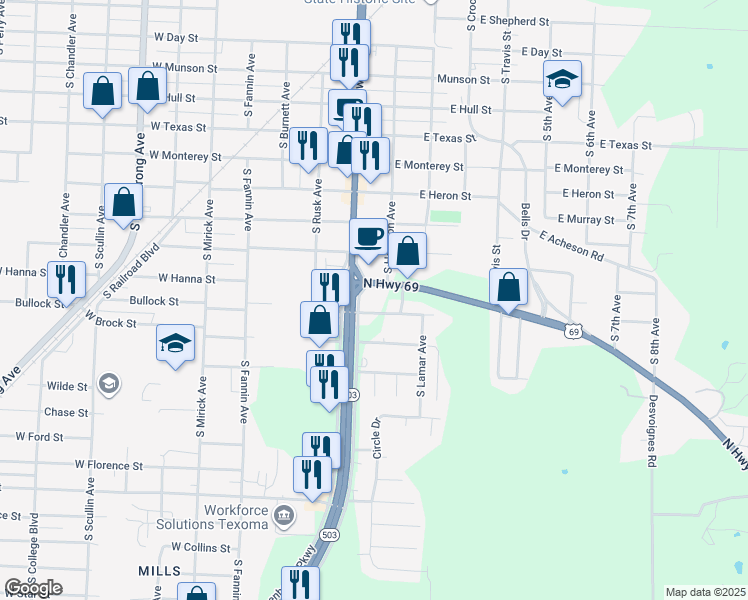 map of restaurants, bars, coffee shops, grocery stores, and more near 1600 South Austin Avenue in Denison