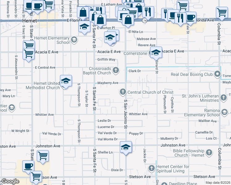 map of restaurants, bars, coffee shops, grocery stores, and more near 541 South San Jacinto Street in Hemet