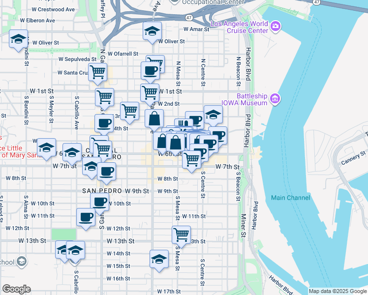 map of restaurants, bars, coffee shops, grocery stores, and more near 500 South Mesa Street in Los Angeles