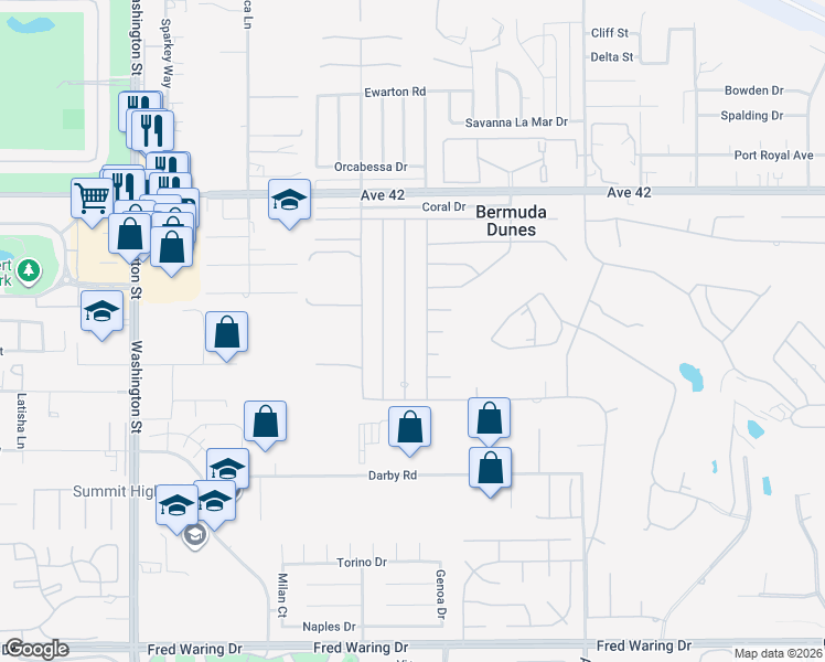 map of restaurants, bars, coffee shops, grocery stores, and more near 42590 Sandy Bay Road in Bermuda Dunes
