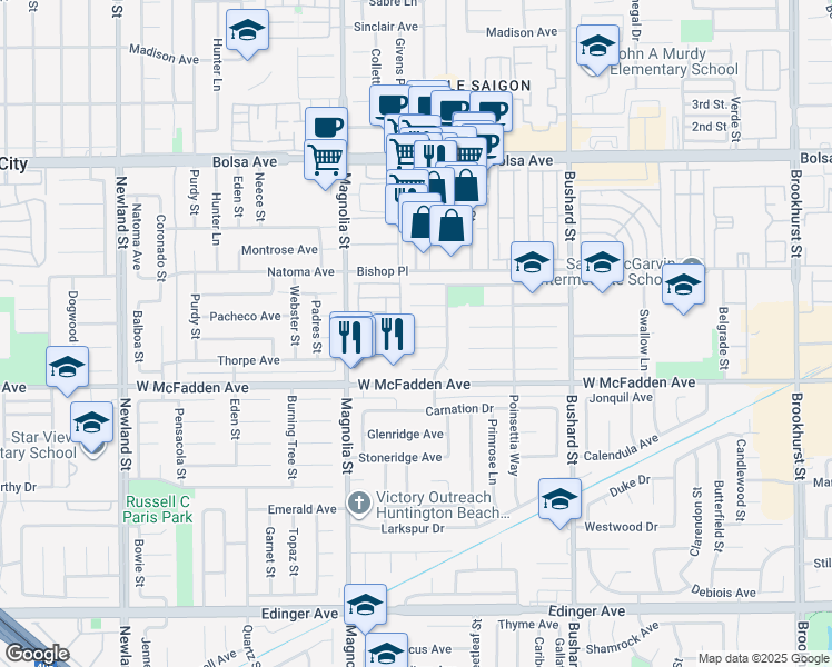 map of restaurants, bars, coffee shops, grocery stores, and more near 9181 Chelsea Circle in Westminster