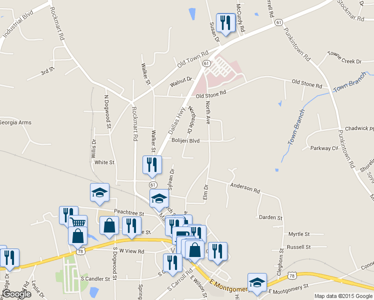 map of restaurants, bars, coffee shops, grocery stores, and more near 38 Cross Creek Court in Villa Rica