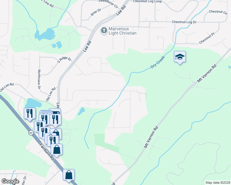 map of restaurants, bars, coffee shops, grocery stores, and more near 3552 Meadowview Drive in Lithia Springs