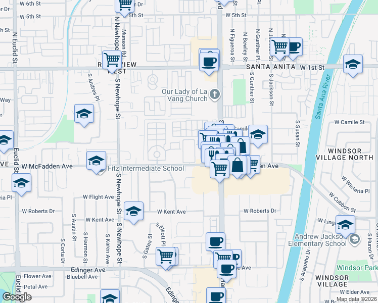 map of restaurants, bars, coffee shops, grocery stores, and more near 3951 West McFadden Avenue in Santa Ana