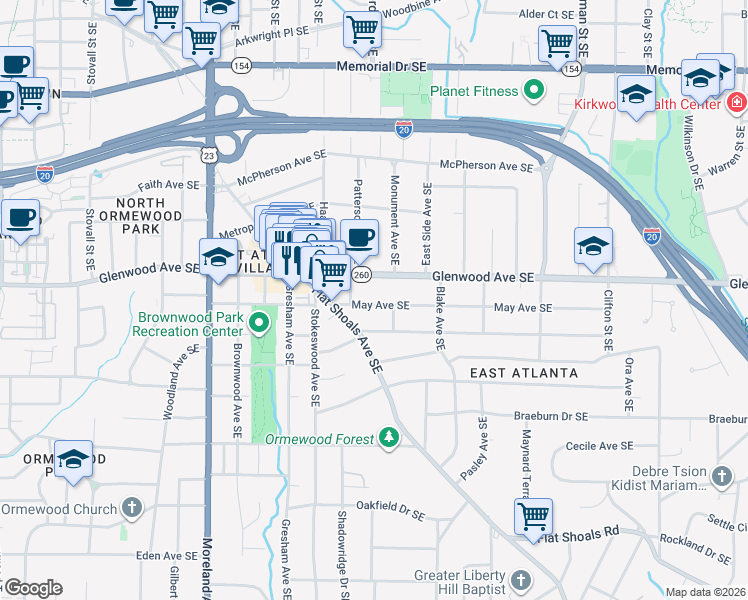 map of restaurants, bars, coffee shops, grocery stores, and more near 1384 May Avenue Southeast in Atlanta