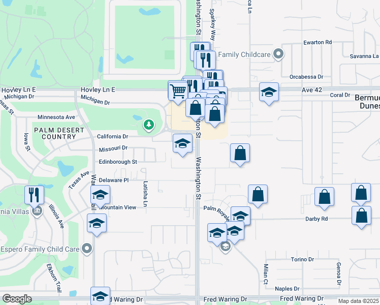 map of restaurants, bars, coffee shops, grocery stores, and more near 77979 Dudley Drive in Palm Desert