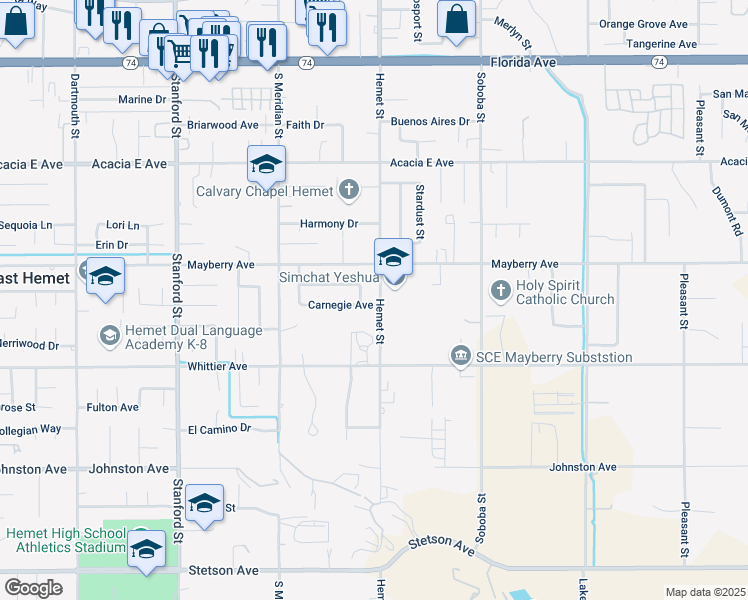 map of restaurants, bars, coffee shops, grocery stores, and more near 26363 Hemet Street in Hemet