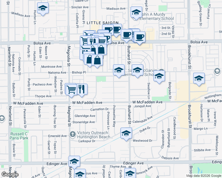 map of restaurants, bars, coffee shops, grocery stores, and more near 9362 Bevan Avenue in Westminster