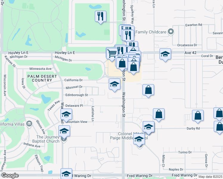 map of restaurants, bars, coffee shops, grocery stores, and more near 42615 Washington Street in Bermuda Dunes
