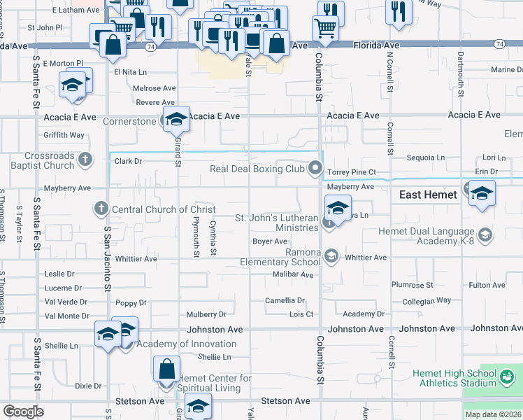 map of restaurants, bars, coffee shops, grocery stores, and more near 40776 Lela May Avenue in Hemet