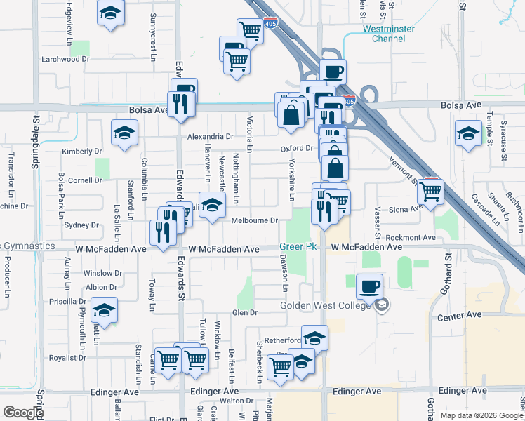 map of restaurants, bars, coffee shops, grocery stores, and more near 15332 Victoria Lane in Huntington Beach