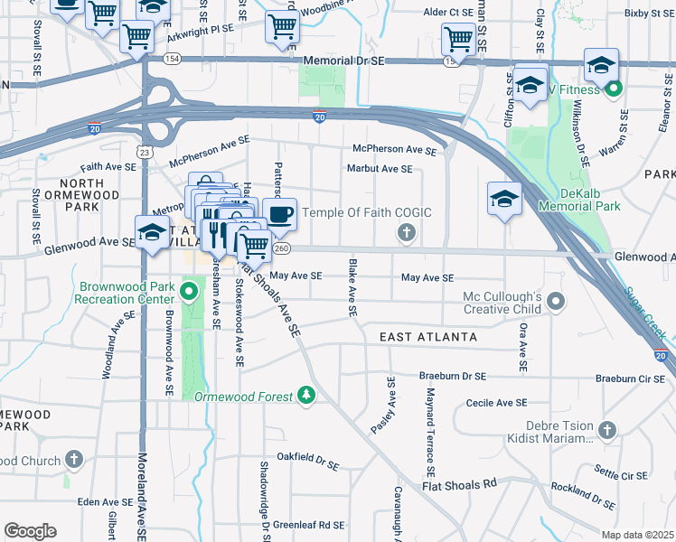 map of restaurants, bars, coffee shops, grocery stores, and more near 1450 May Avenue Southeast in Atlanta