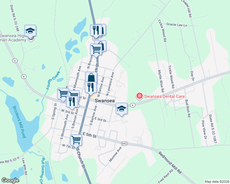 map of restaurants, bars, coffee shops, grocery stores, and more near 201 Elm Creek Lane in Swansea