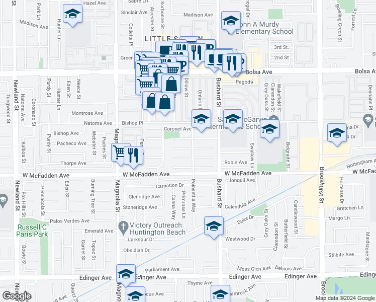 map of restaurants, bars, coffee shops, grocery stores, and more near 9362 Bevan Avenue in Westminster