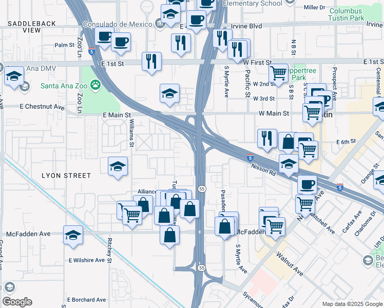 map of restaurants, bars, coffee shops, grocery stores, and more near 123 Tustin Village Way in Tustin