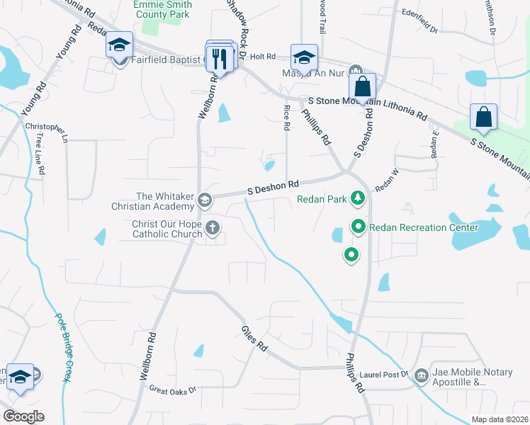map of restaurants, bars, coffee shops, grocery stores, and more near 1753 Springwater Way in Lithonia