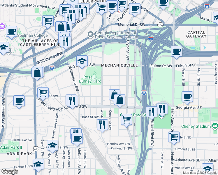 map of restaurants, bars, coffee shops, grocery stores, and more near 563 Cooper Street Southwest in Atlanta