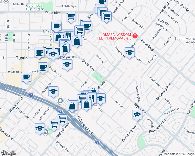 map of restaurants, bars, coffee shops, grocery stores, and more near 1402 Bryan Avenue in Tustin