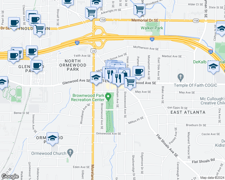 map of restaurants, bars, coffee shops, grocery stores, and more near 1252 Portland Avenue Southeast in Atlanta