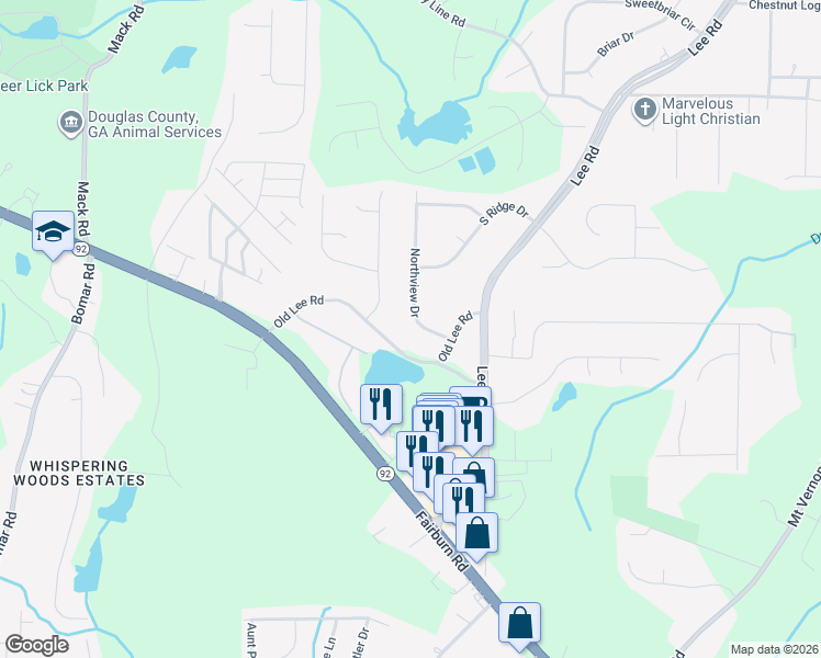 map of restaurants, bars, coffee shops, grocery stores, and more near 8891 Northview Drive in Lithia Springs
