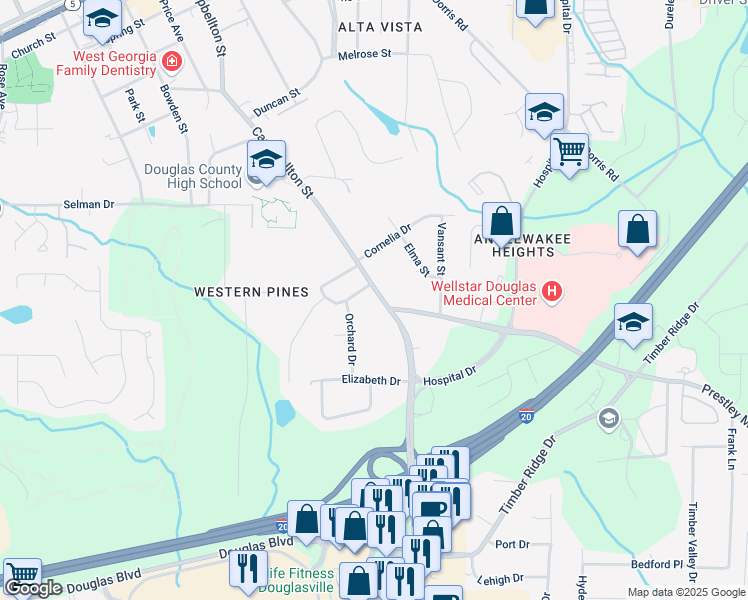 map of restaurants, bars, coffee shops, grocery stores, and more near 8885 Campbellton Street in Douglasville
