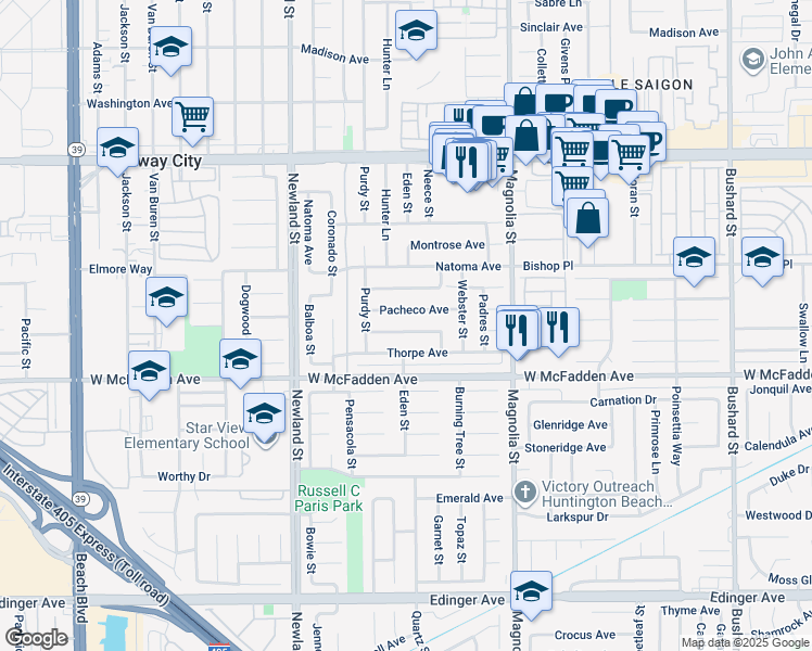 map of restaurants, bars, coffee shops, grocery stores, and more near 8741 Rathburn Avenue in Westminster