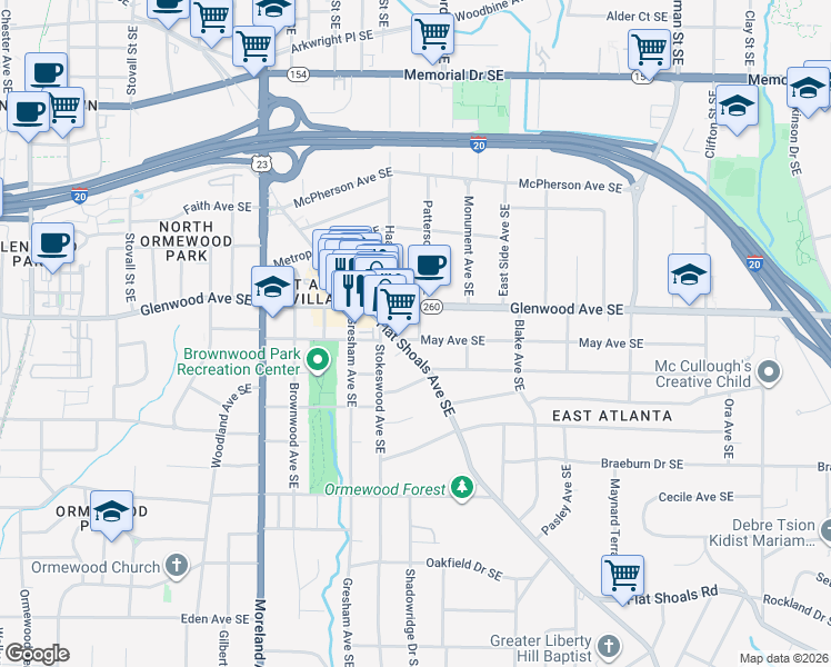 map of restaurants, bars, coffee shops, grocery stores, and more near 539 Patterson Avenue Southeast in Atlanta