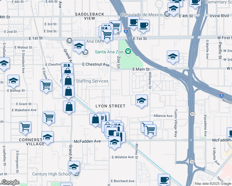 map of restaurants, bars, coffee shops, grocery stores, and more near 717 South Lyon Street in Santa Ana