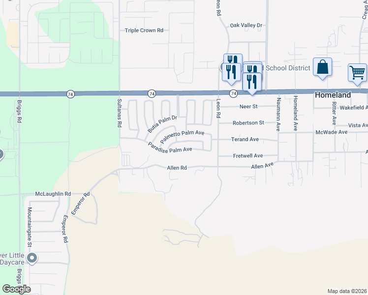 map of restaurants, bars, coffee shops, grocery stores, and more near 30810 Paradise Palm Avenue in Homeland