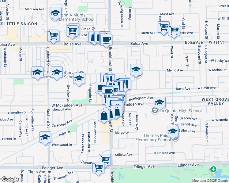 map of restaurants, bars, coffee shops, grocery stores, and more near 15302 Brookhurst Street in Westminster