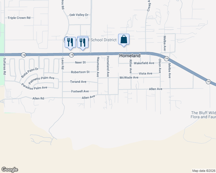 map of restaurants, bars, coffee shops, grocery stores, and more near 26253 Homeland Avenue in Homeland