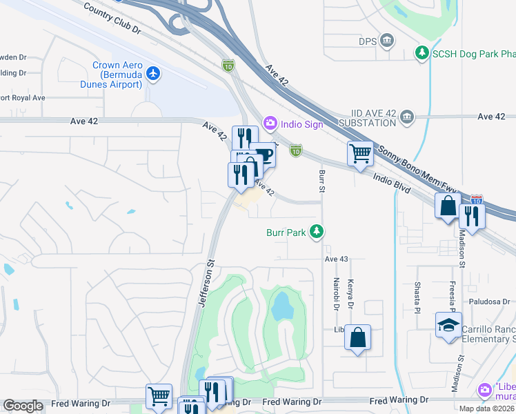 map of restaurants, bars, coffee shops, grocery stores, and more near Isla Court in Indio