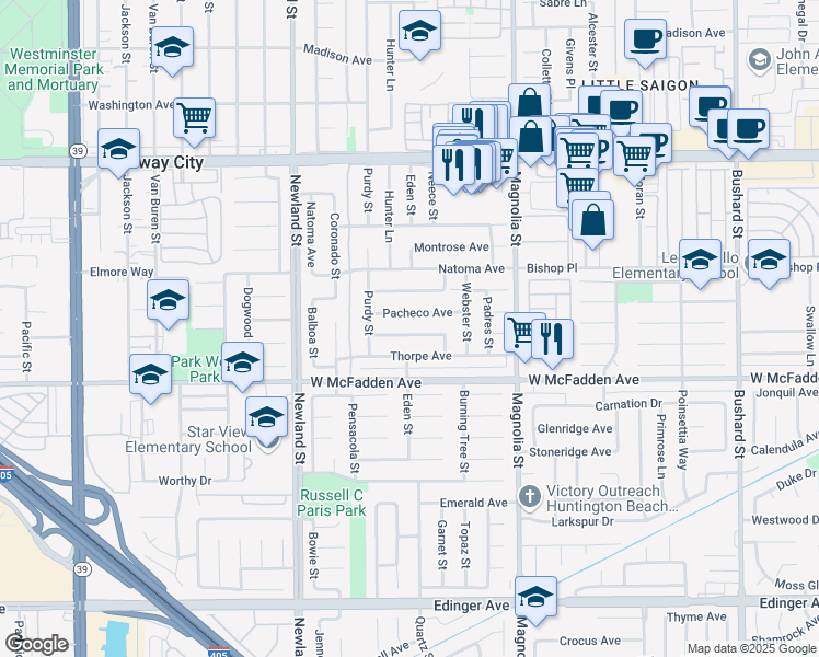 map of restaurants, bars, coffee shops, grocery stores, and more near 8741 Rathburn Avenue in Westminster