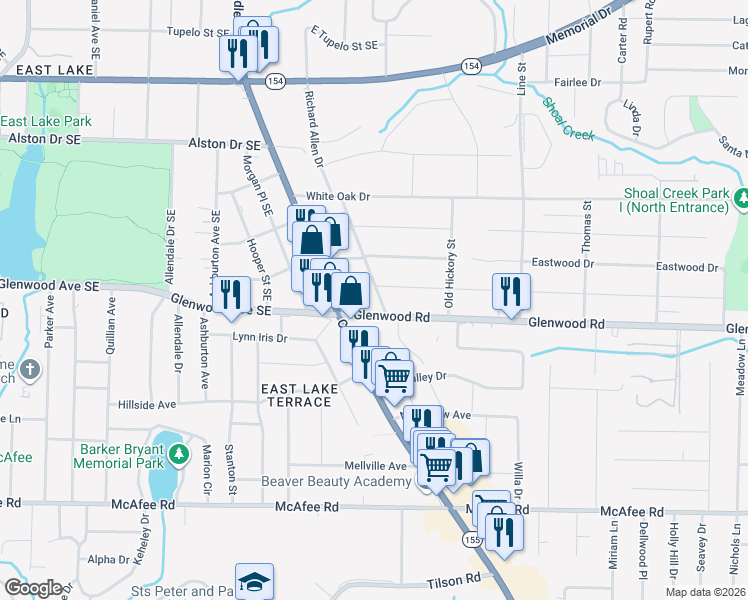 map of restaurants, bars, coffee shops, grocery stores, and more near 1817 Ellington Street in Decatur