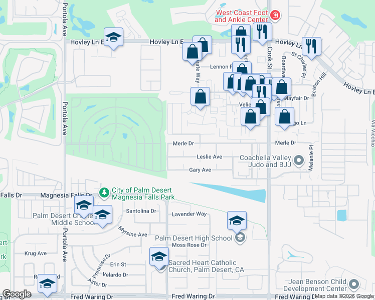 map of restaurants, bars, coffee shops, grocery stores, and more near 42570 Stephani Circle in Palm Desert