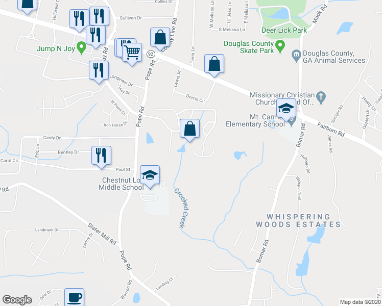 map of restaurants, bars, coffee shops, grocery stores, and more near 2561 Redbud Meadow Lane in Douglasville