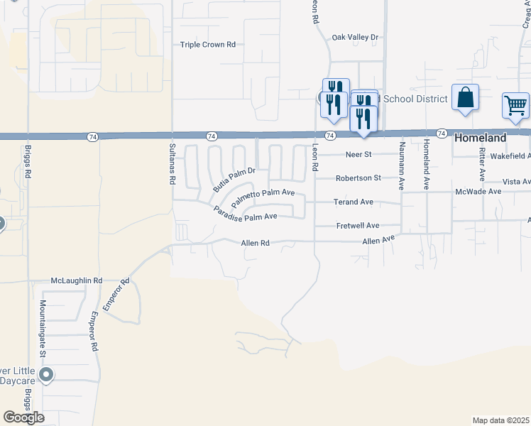 map of restaurants, bars, coffee shops, grocery stores, and more near 30810 Paradise Palm Avenue in Homeland
