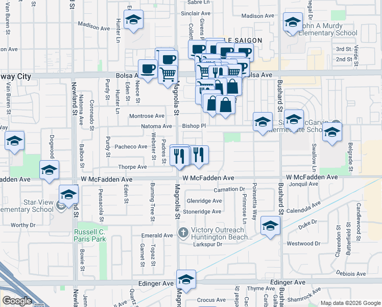 map of restaurants, bars, coffee shops, grocery stores, and more near 15300 Magnolia Street in Westminster