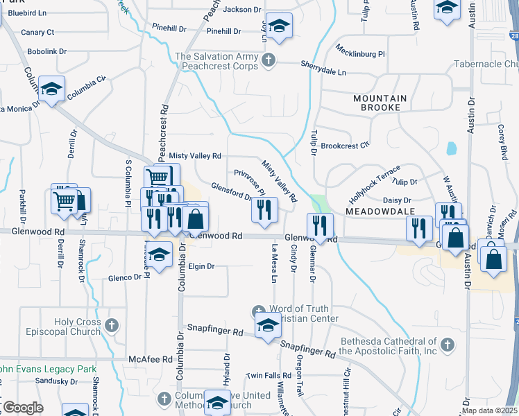 map of restaurants, bars, coffee shops, grocery stores, and more near 3491 Glensford Drive in Decatur