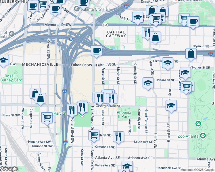 map of restaurants, bars, coffee shops, grocery stores, and more near 59 Crumley Street Southeast in Atlanta