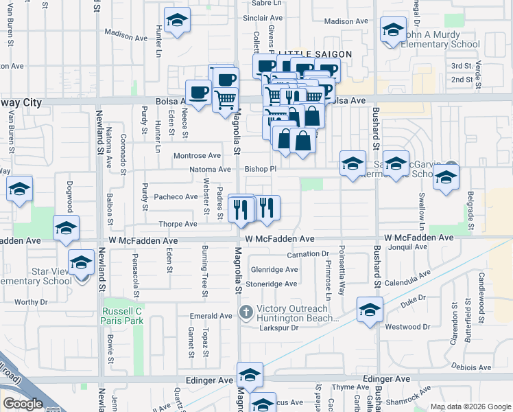map of restaurants, bars, coffee shops, grocery stores, and more near in Westminster
