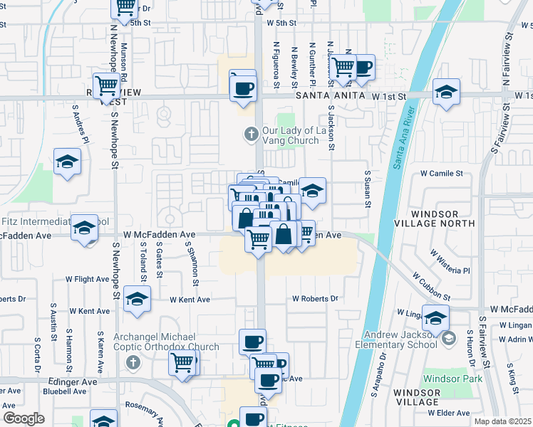 map of restaurants, bars, coffee shops, grocery stores, and more near 605 South Harbor Boulevard in Santa Ana