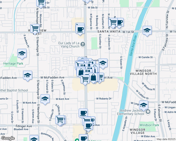 map of restaurants, bars, coffee shops, grocery stores, and more near 605 South Harbor Boulevard in Santa Ana