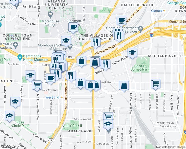 map of restaurants, bars, coffee shops, grocery stores, and more near Metropolitan Pkwy SW & Wells St SW in Atlanta